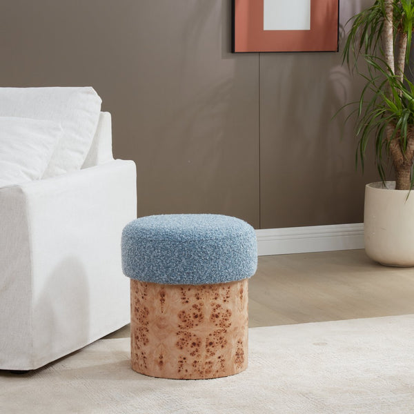 Safavieh Tobianna Round Boucle Ottoman - Elegant Cream Fabric With Timeless Wood Base For Stylish Living Spaces Blue ,Burl Wood ,Fabric ,Foam Sfv5149c