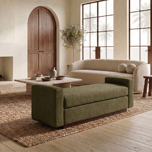 Safavieh Joanndria Fabric Upholstered Bench with Walnut Wood Legs for Bedroom or Entryway OLIVE GREEN / WALNUT SFV5154C