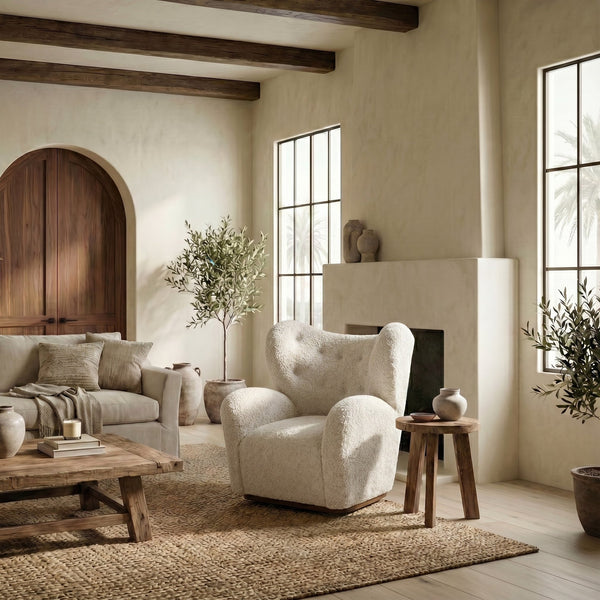 Safavieh Galloway Wingback Swivel Accent Chair Plush Teddy Fabric Over Rubberwood Frame OFF WHITE SFV5155B