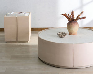Alanabella Marble & Wood Round Coffee Table With White Marble Top And Blonde Oak Pine Veneer, 44" Diameter