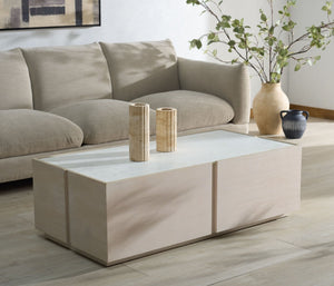 Safavieh ALANABELLA Marble & Wood Rectangle Coffee Table – Elegant Sand & White Design for Modern Living Rooms SFV5552A