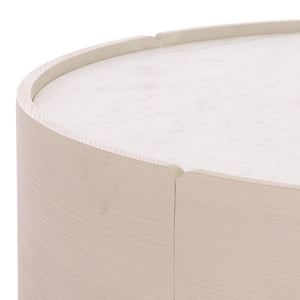 Alanabella Marble & Wood Round Coffee Table With White Marble Top And Blonde Oak Pine Veneer, 44" Diameter