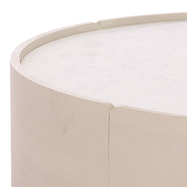 Alanabella Marble & Wood Round Coffee Table With White Marble Top And Blonde Oak Pine Veneer, 44" Diameter