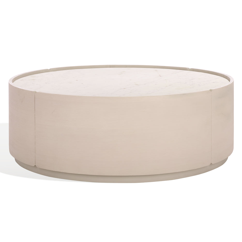 Alanabella Marble & Wood Round Coffee Table With White Marble Top And Blonde Oak Pine Veneer, 44" Diameter