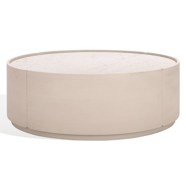 Alanabella Marble & Wood Round Coffee Table With White Marble Top And Blonde Oak Pine Veneer, 44" Diameter