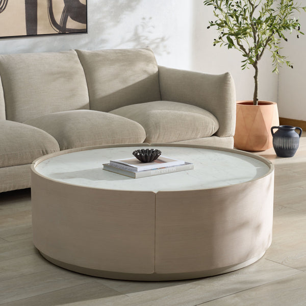 Alanabella Marble & Wood Round Coffee Table With White Marble Top And Blonde Oak Pine Veneer, 44" Diameter