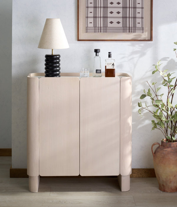 Alanabella Marble & Wood Bar Cabinet With Premium Sand Marble Top And White-Finished Wood Storage Elegance