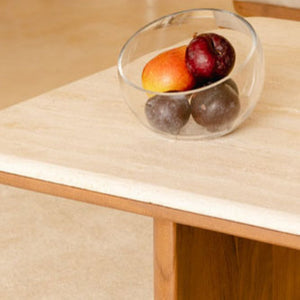 Safavieh TRINSLY Natural Travertine Top Coffee Table - Sculptural Design with Curved Acacia Wood Legs SFV5751A