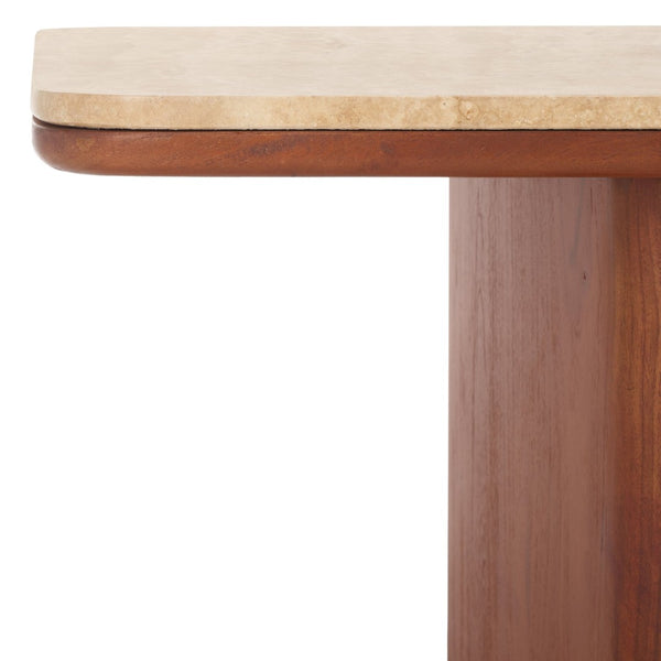 Safavieh TRINSLY Natural Travertine Top Coffee Table - Sculptural Design with Curved Acacia Wood Legs SFV5751A