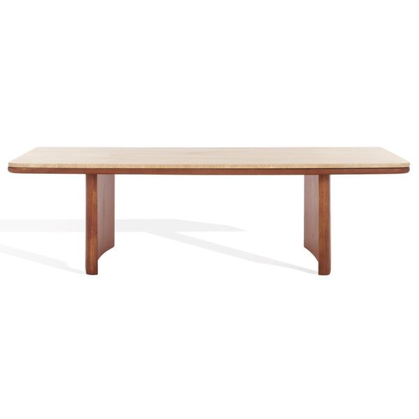 Safavieh TRINSLY Natural Travertine Top Coffee Table - Sculptural Design with Curved Acacia Wood Legs SFV5751A