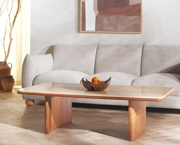 Safavieh TRINSLY Natural Travertine Top Coffee Table - Sculptural Design with Curved Acacia Wood Legs SFV5751A