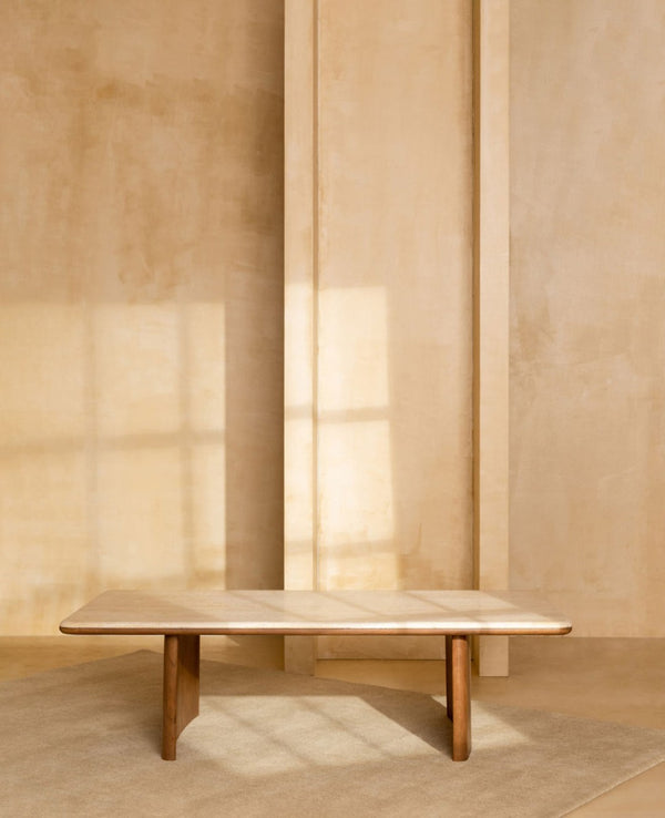 Safavieh TRINSLY Natural Travertine Top Coffee Table - Sculptural Design with Curved Acacia Wood Legs SFV5751A