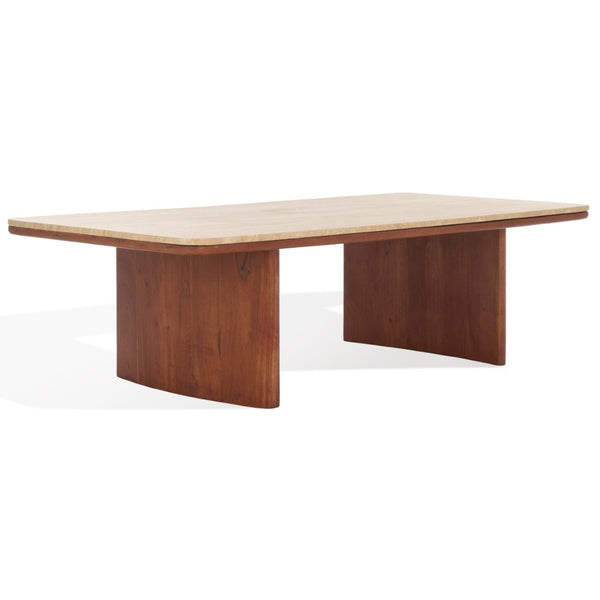 Safavieh TRINSLY Natural Travertine Top Coffee Table - Sculptural Design with Curved Acacia Wood Legs SFV5751A