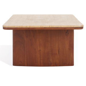 Safavieh TRINSLY Natural Travertine Top Coffee Table - Sculptural Design with Curved Acacia Wood Legs SFV5751A