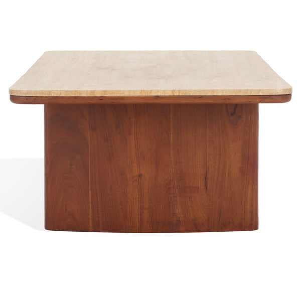 Safavieh TRINSLY Natural Travertine Top Coffee Table - Sculptural Design with Curved Acacia Wood Legs SFV5751A