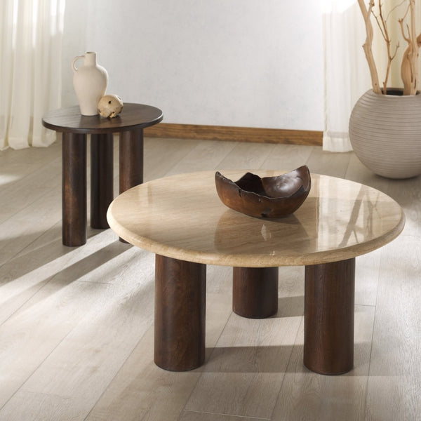 Safavieh JENNAMIRA Round Travertine Coffee Table with Dark Brown Mango Wood Legs - Modern, Durable Design SFV5760A