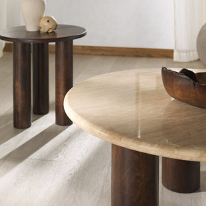 Safavieh JENNAMIRA Round Travertine Coffee Table with Dark Brown Mango Wood Legs - Modern, Durable Design SFV5760A