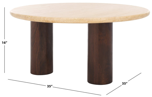Safavieh JENNAMIRA Round Travertine Coffee Table with Dark Brown Mango Wood Legs - Modern, Durable Design SFV5760A