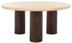 Safavieh JENNAMIRA Round Travertine Coffee Table with Dark Brown Mango Wood Legs - Modern, Durable Design SFV5760A