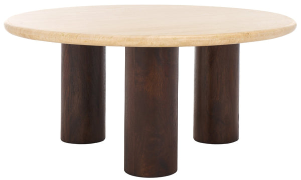 Safavieh JENNAMIRA Round Travertine Coffee Table with Dark Brown Mango Wood Legs - Modern, Durable Design SFV5760A