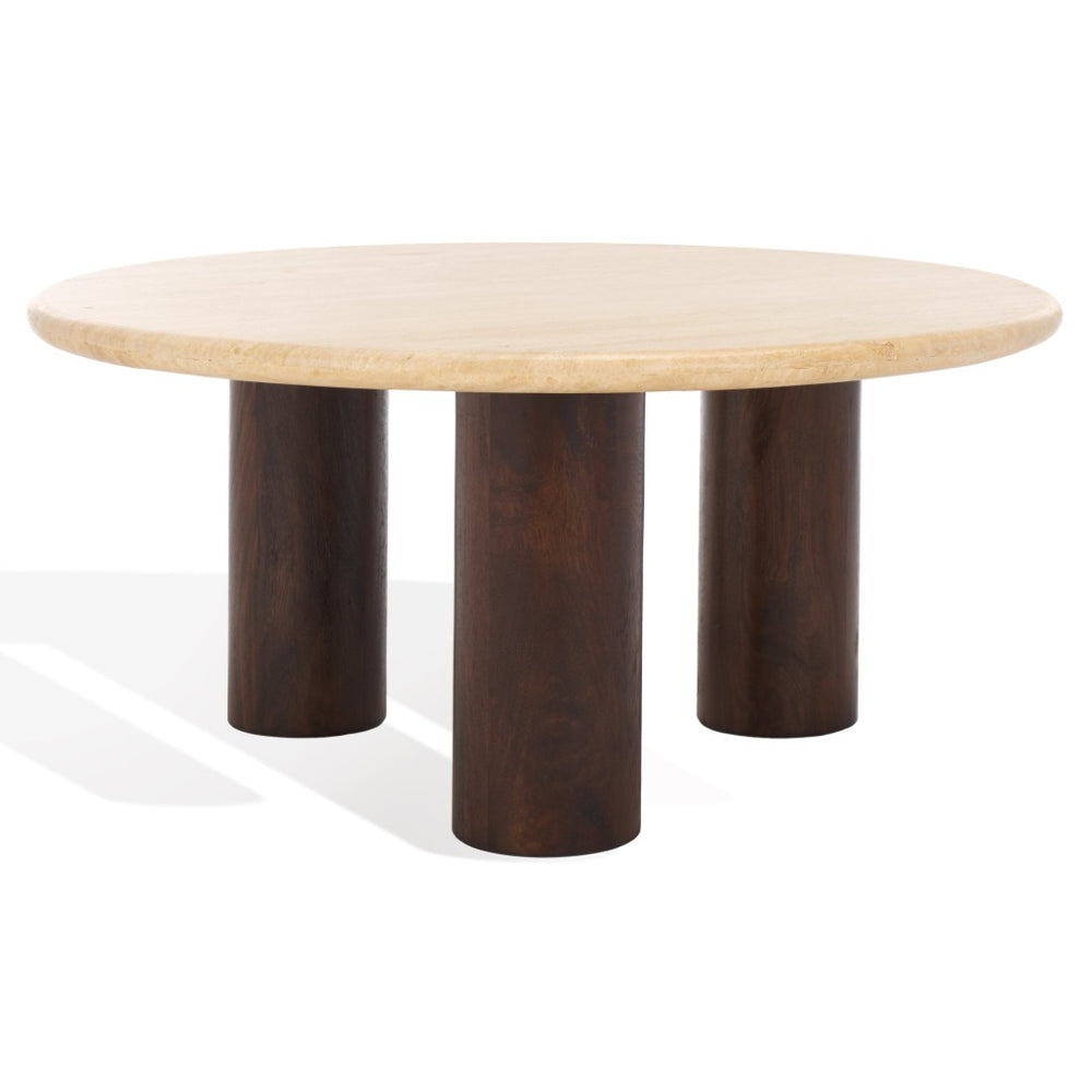 Safavieh JENNAMIRA Round Travertine Coffee Table with Dark Brown Mango Wood Legs - Modern, Durable Design SFV5760A