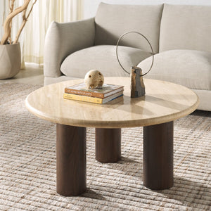 Safavieh JENNAMIRA Round Travertine Coffee Table with Dark Brown Mango Wood Legs - Modern, Durable Design SFV5760A