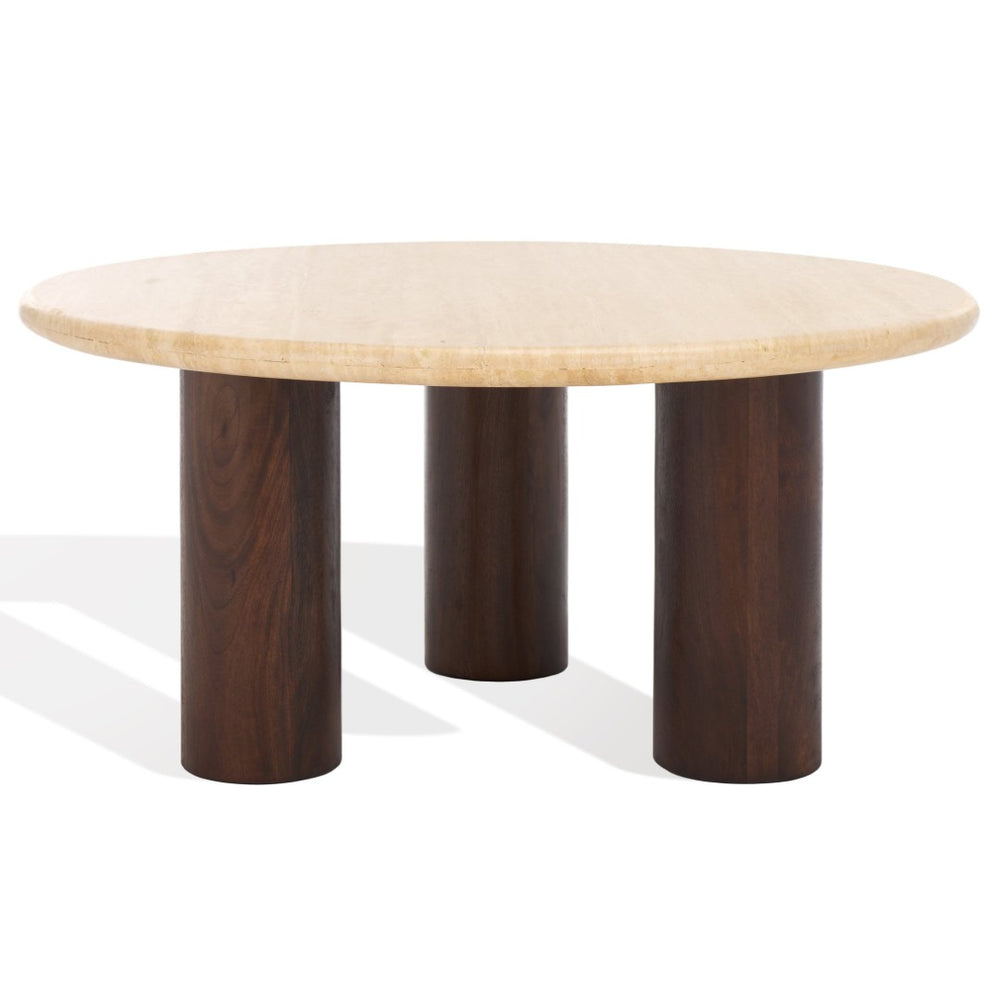 Safavieh JENNAMIRA Round Travertine Coffee Table with Dark Brown Mango Wood Legs - Modern, Durable Design SFV5760A