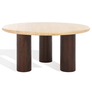 Safavieh JENNAMIRA Round Travertine Coffee Table with Dark Brown Mango Wood Legs - Modern, Durable Design SFV5760A
