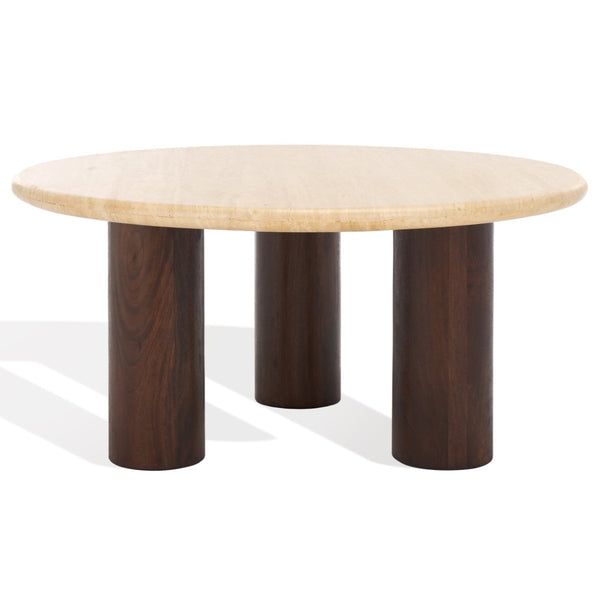 Safavieh JENNAMIRA Round Travertine Coffee Table with Dark Brown Mango Wood Legs - Modern, Durable Design SFV5760A