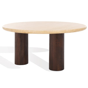 Safavieh JENNAMIRA Round Travertine Coffee Table with Dark Brown Mango Wood Legs - Modern, Durable Design SFV5760A