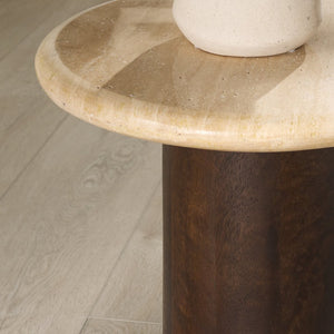 Safavieh JENNAMIRA Round Travertine Accent Table - Dark Brown Mango Wood Base for Stylish Living Spaces SFV5762A