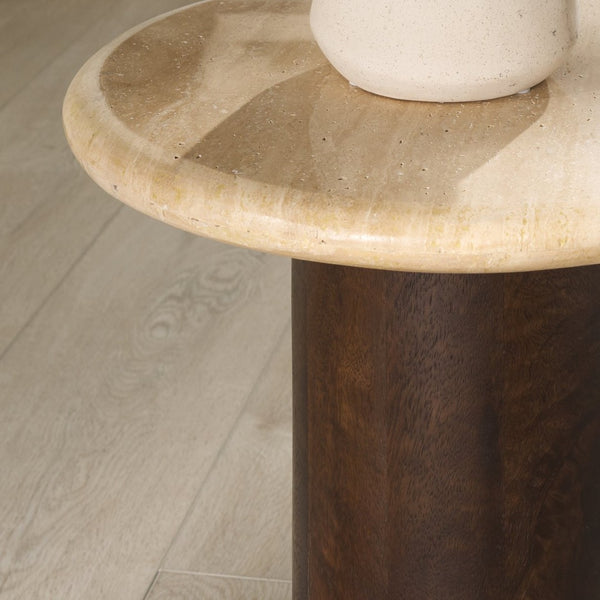 Safavieh JENNAMIRA Round Travertine Accent Table - Dark Brown Mango Wood Base for Stylish Living Spaces SFV5762A