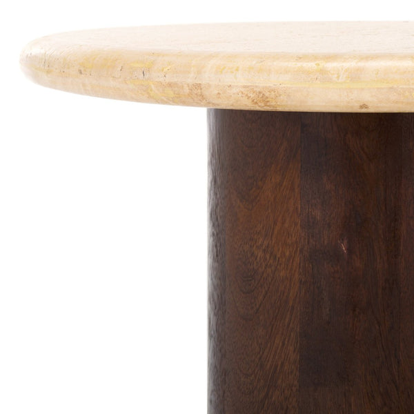Safavieh JENNAMIRA Round Travertine Accent Table - Dark Brown Mango Wood Base for Stylish Living Spaces SFV5762A