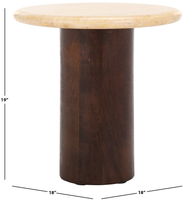 Safavieh JENNAMIRA Round Travertine Accent Table - Dark Brown Mango Wood Base for Stylish Living Spaces SFV5762A