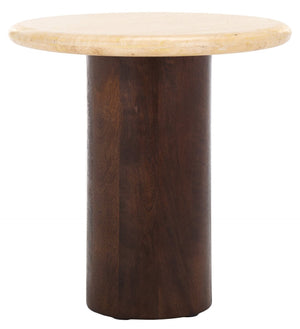 Safavieh JENNAMIRA Round Travertine Accent Table - Dark Brown Mango Wood Base for Stylish Living Spaces SFV5762A