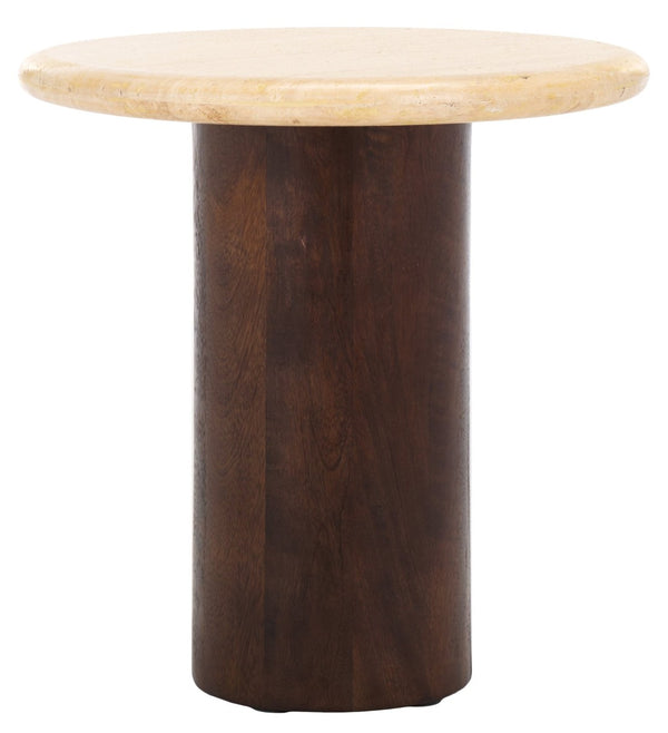 Safavieh JENNAMIRA Round Travertine Accent Table - Dark Brown Mango Wood Base for Stylish Living Spaces SFV5762A