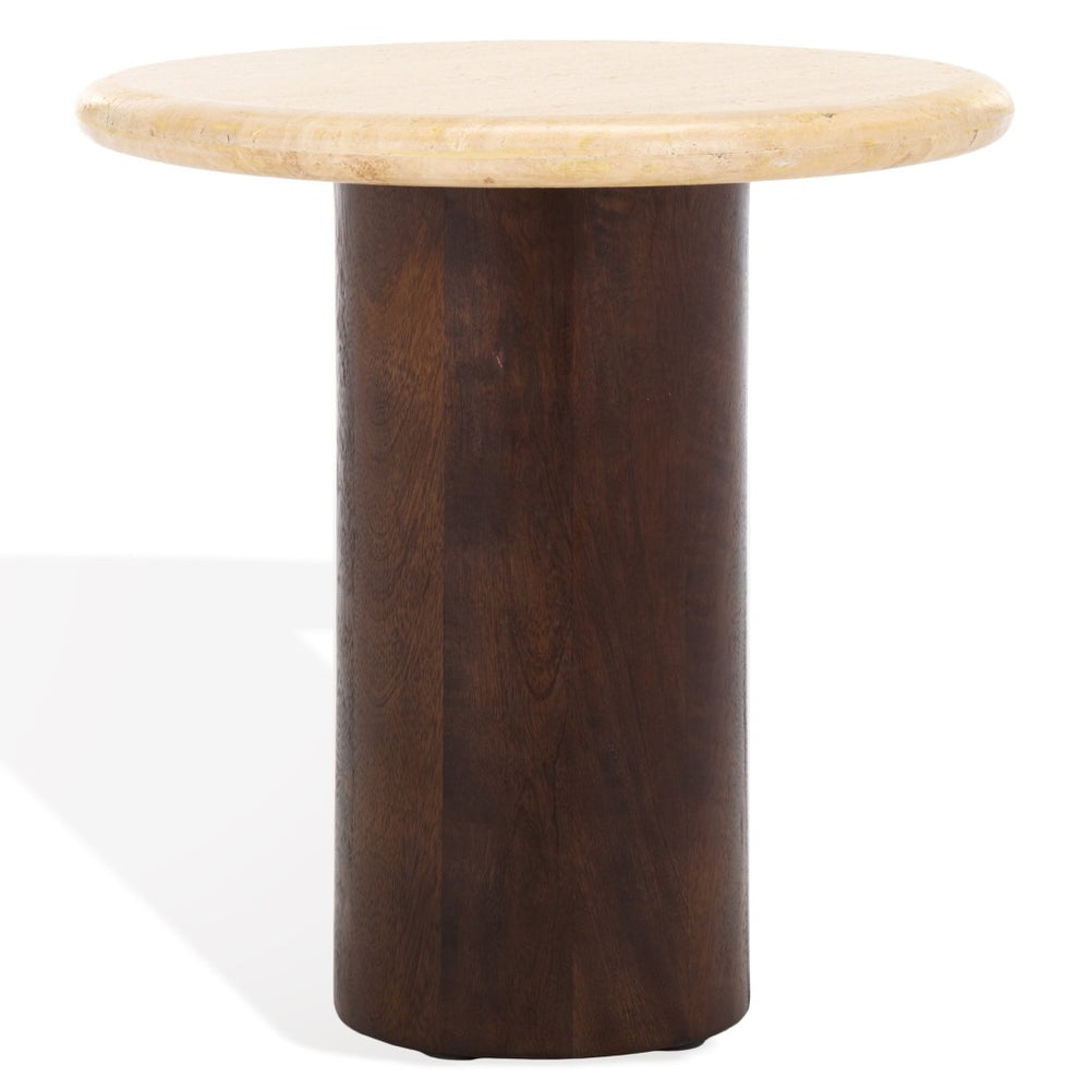 Safavieh JENNAMIRA Round Travertine Accent Table - Dark Brown Mango Wood Base for Stylish Living Spaces SFV5762A