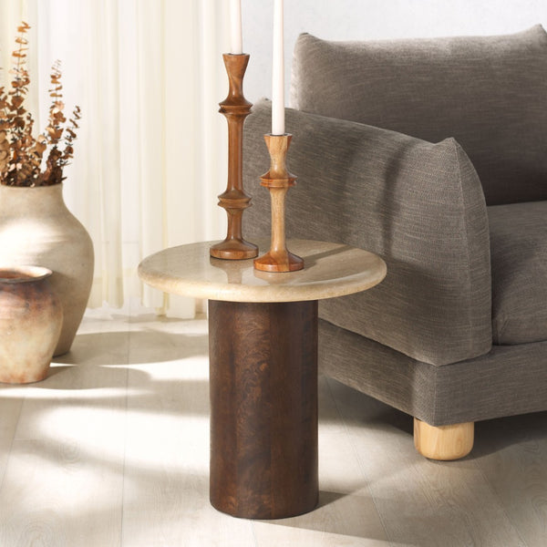 Safavieh JENNAMIRA Round Travertine Accent Table - Dark Brown Mango Wood Base for Stylish Living Spaces SFV5762A