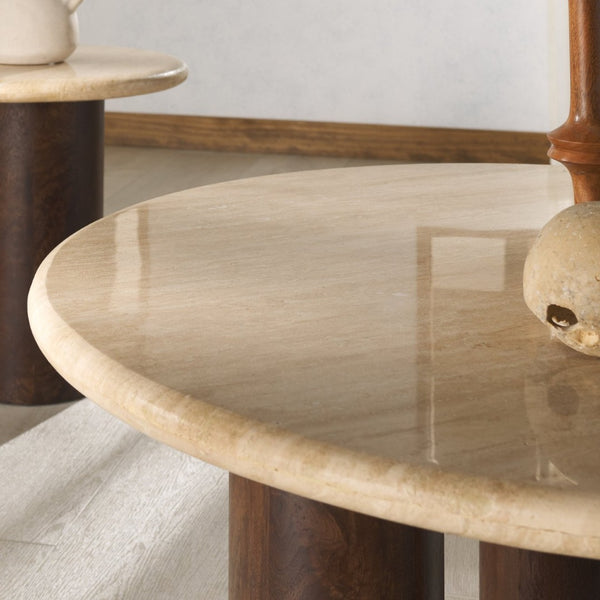 Safavieh JENNAMIRA Round Travertine Accent Table - Dark Brown Mango Wood Base for Stylish Living Spaces SFV5762A