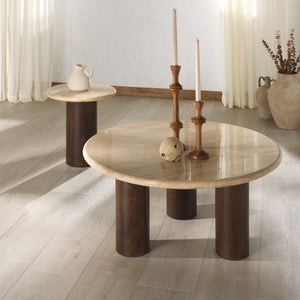 Safavieh JENNAMIRA Round Travertine Coffee Table with Dark Brown Mango Wood Legs - Modern, Durable Design SFV5760A