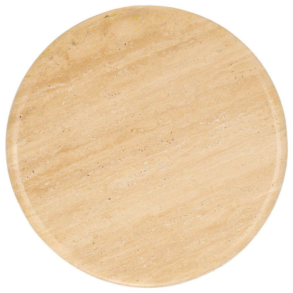 Safavieh JENNAMIRA Round Travertine Accent Table - Dark Brown Mango Wood Base for Stylish Living Spaces SFV5762A