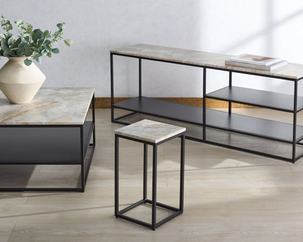 Safavieh Macklyn Square Marble Top Accent Table - Elegant Black & Light Brown Design For Modern Spaces Light Brown ,Black Marble ,Metal Sfv5768a