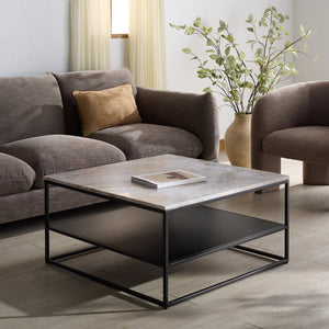Macklyn Square Marble Top Coffee Table With Natural Veined Marble Surface And Matte Metal Frame Elegance