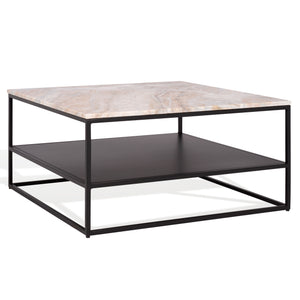 Macklyn Square Marble Top Coffee Table With Natural Veined Marble Surface And Matte Metal Frame Elegance