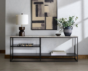 Macklyn Rectangle Marble Top Console Table With Sleek Metal Base, Narrow 59" X 14" Elegant Foyer Surface