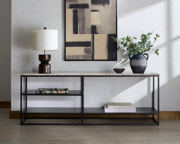 Macklyn Rectangle Marble Top Console Table With Sleek Metal Base, Narrow 59" X 14" Elegant Foyer Surface