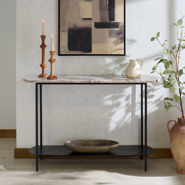 Macklyn Oval Marble Top Console Table With Slim Metal Base, Space-Saving Entryway Accent, 47.2"
