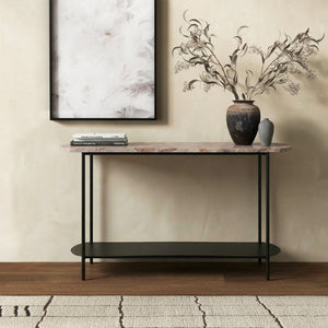 Macklyn Oval Marble Top Console Table With Slim Metal Base, Space-Saving Entryway Accent, 47.2"