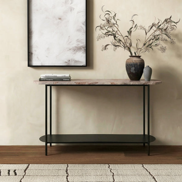 Macklyn Oval Marble Top Console Table With Slim Metal Base, Space-Saving Entryway Accent, 47.2"