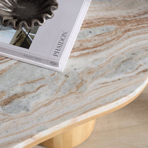 Feliciabeth Marble And Wood Coffee Table — Polished Marble Top With Solid Wood Base For Timeless Style